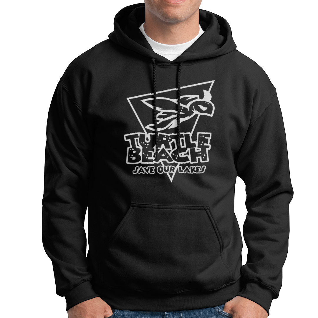 Turtle Beach Clothing black save our lakes hoodie. Made in Canada 80% organic cotton