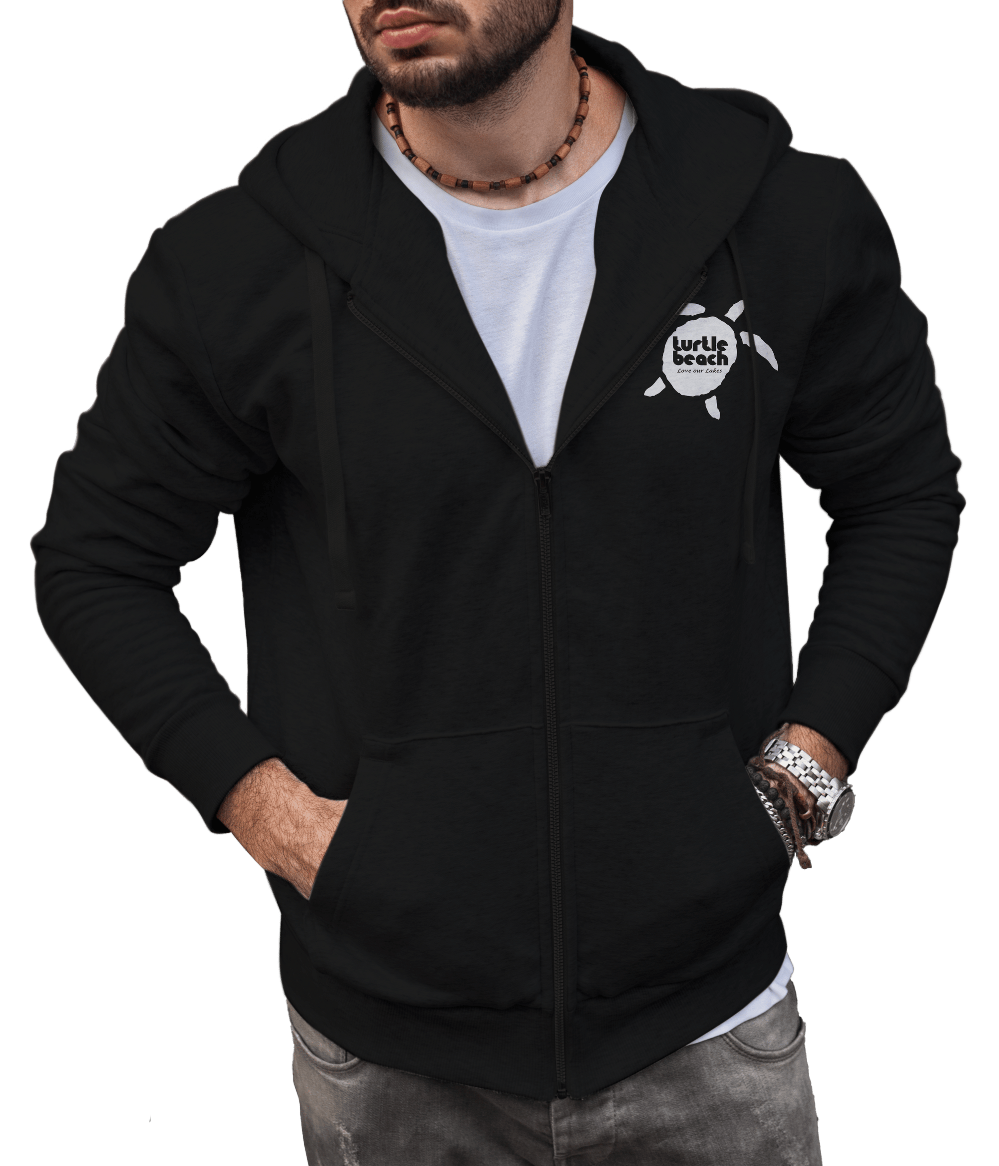 Turtle Beach Clothing zip up hoodie black Canadian made, 80% organic cotton